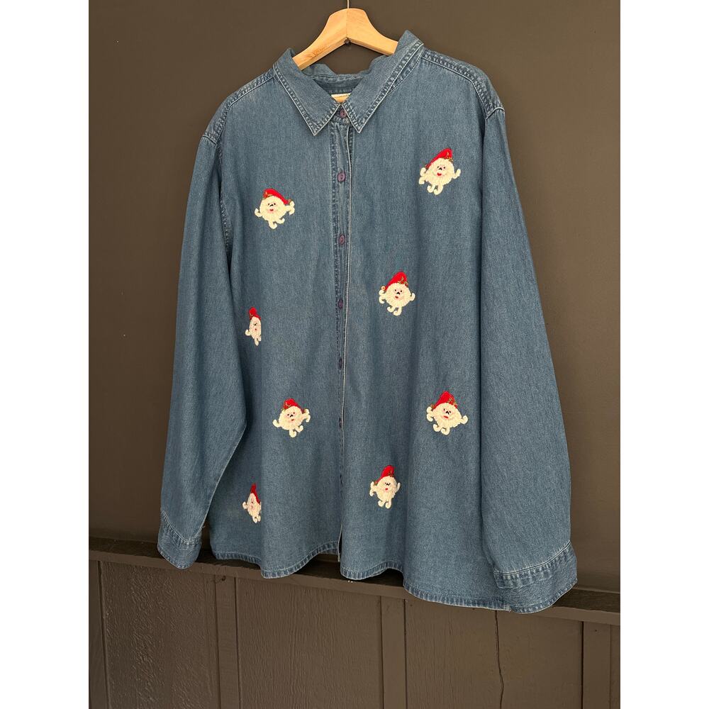 Vintage Christmas Denim Chambray Novelty Santa Embroidered Holiday Shirt Size 3X - Picture 8 of 8